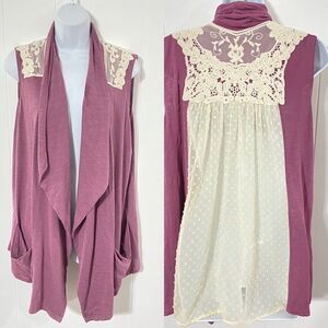 LOGO Lounge L Lori Goldstein ROSE PURPLE Knit IVORY LACE Pockets Jacket Shacket
